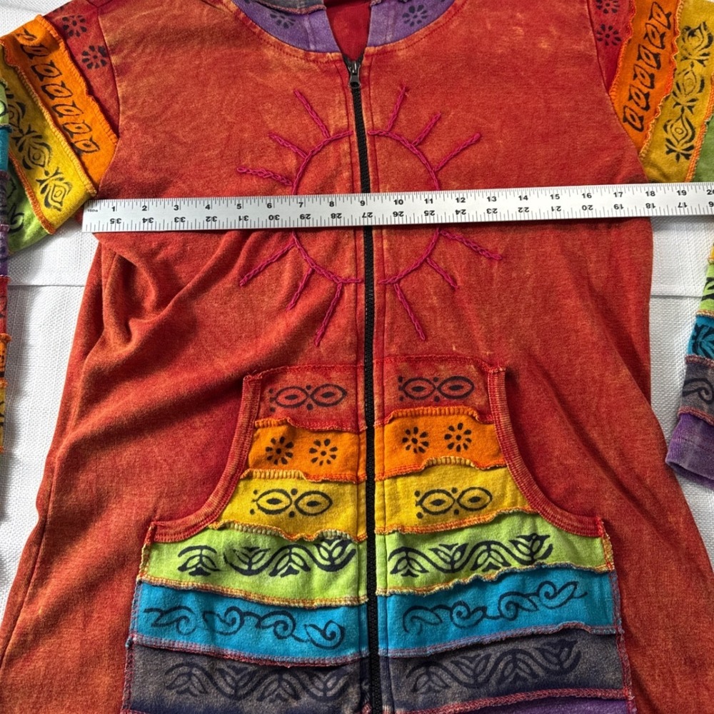 GreaterGood Nepal Rainbow Patchwork Sun Embroidery Zip Up Hoodie S/M Boho Hippie - Picture 4 of 7